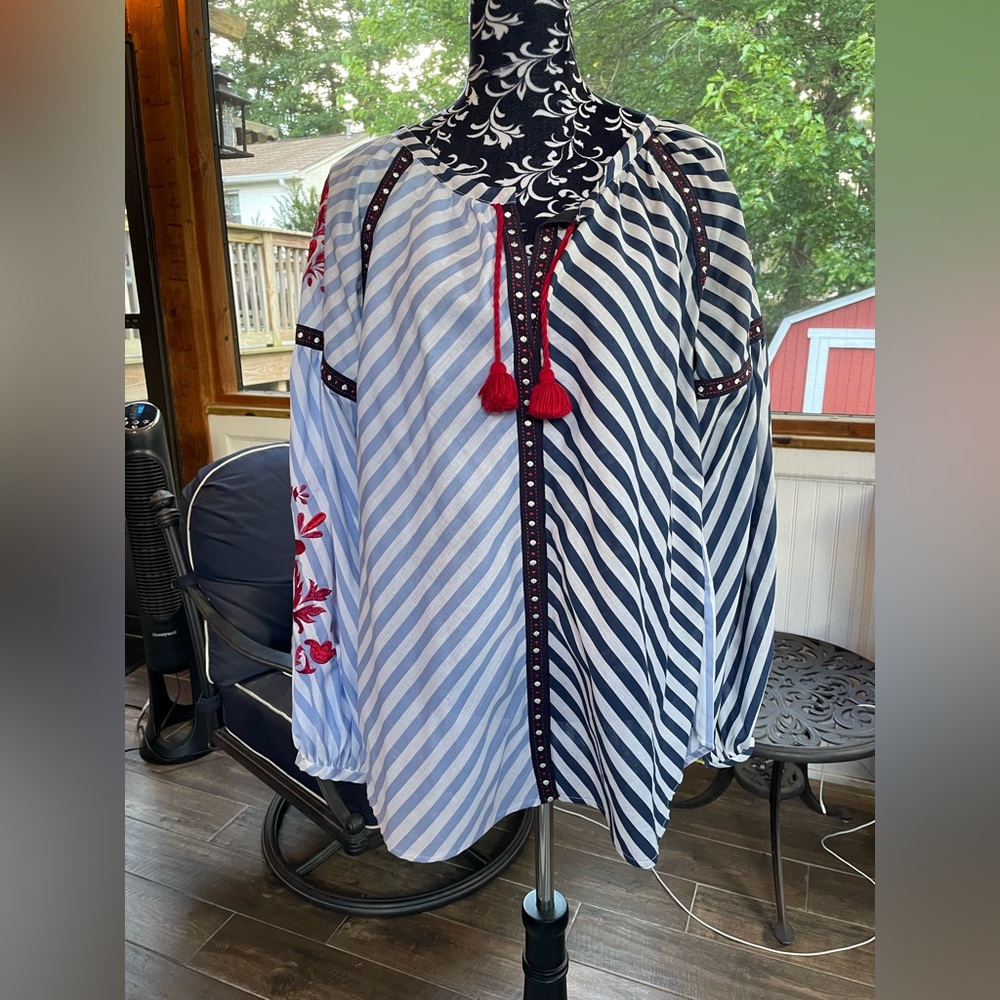 *Like New* Chic Striped Blouse with Red Accents from Anthropologie